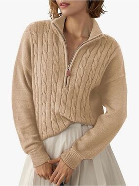 Cozy Beige Cable-Knit Half-Zip Turtleneck Sweater